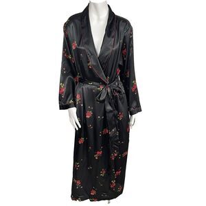 Jones New York Plus Size Satin Long Robe‎ 1X Black Floral Luxury Wrap Kimono